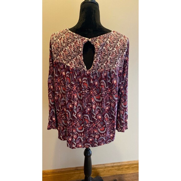 Lucky Brand Blouse Size XL Burgundy Smocked Top Bell Sleeves Boho Peasant - Picture 5 of 10